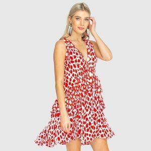 NWT State of Georgia White Red V Neck Ruffle Rara Dress In Red Giraffe sz XS/S